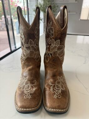 Genuine Leather Western Cowboy Boots Brown Floral Embroidered Youth 2/3